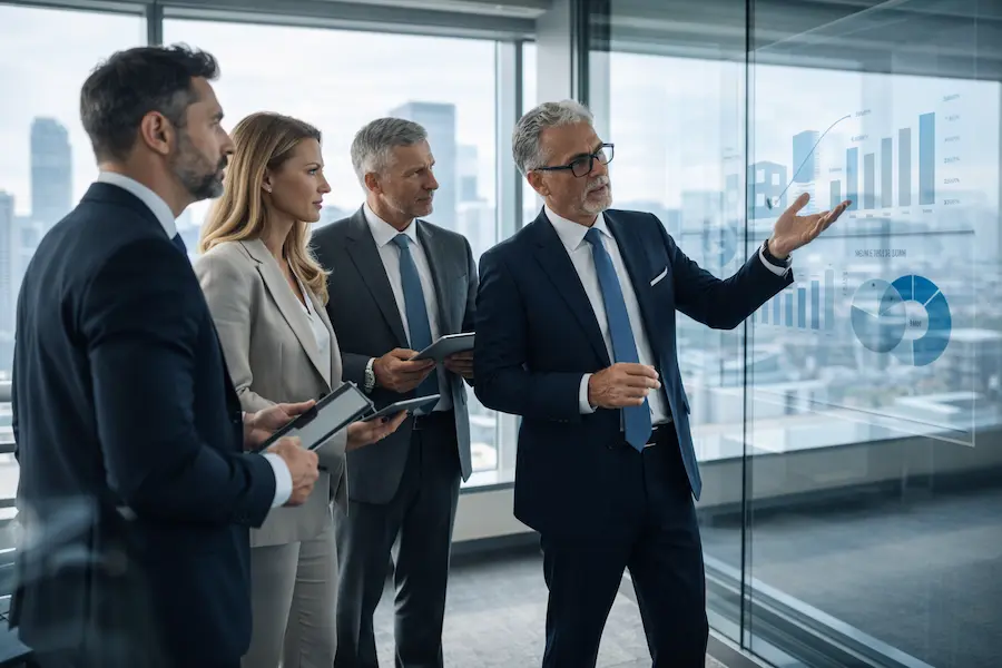 Strategic Planning, Business, Legal Advisors A team of legal advisors and executives analyzing business strategy and financial data in a modern office